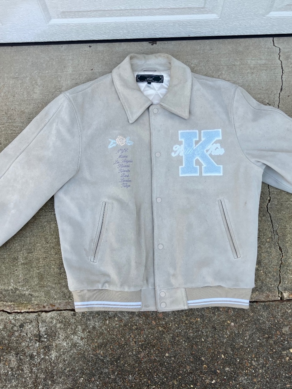 KITH NY TO THE WORLD SUEDE EMBROIDERED BOMBER JACKET Sz XL